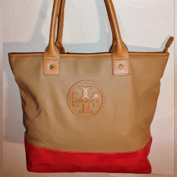 Tory Burch Handbags - Tory Burch Coated Canvas Zip Top Tan & Red Tote w/ Leather Logo & Trim